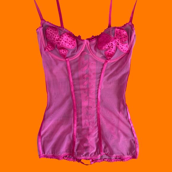 90's 00's vintage hot pink mesh mcbling corset babydoll y2k lingerie bustier L - Picture 2 of 9